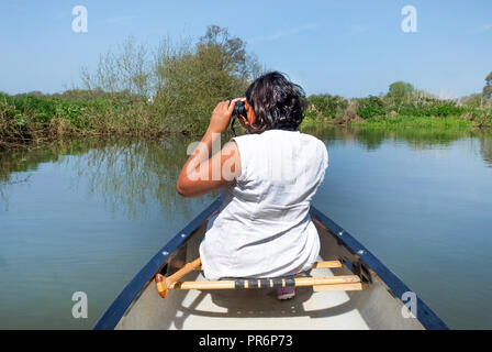 53 Jahre alte asiatische Frau an der Vorderseite eines Kanu seitwärts gedreht, die durch ein Fernglas für Wild life Links sitzen, das Kanu ist Stockfoto