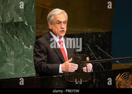 Sebastian Pinera Echenique, Präsident von Chile beobachtet, als er bei der Generalversammlung der Vereinten Nationen Allgemeine Aussprache bei den Vereinten Nationen in New York City. Stockfoto