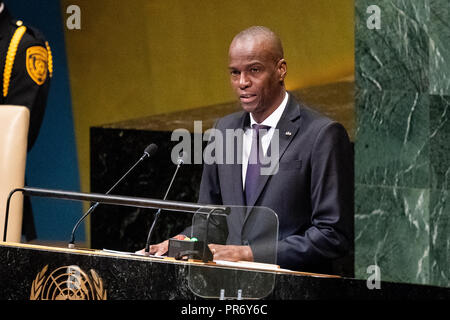Jovenel Moise, Präsident von Haiti beobachtet, als er bei der Generalversammlung der Vereinten Nationen Allgemeine Aussprache bei den Vereinten Nationen in New York City. Stockfoto