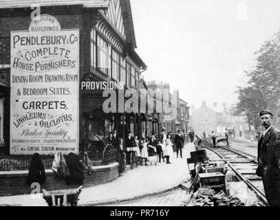 Straßenbahngleise auf der London Road, Warrington Anfang der 1900er Jahre Stockfoto