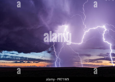 Blitzschläge treffen bei Sonnenuntergang in der Nähe von Holbrook, Arizona, bei einem Sturm ein Stockfoto