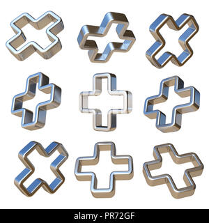 Metall dimensionale Pluszeichen 3D Rendering Illustration auf weißem Hintergrund Stockfoto