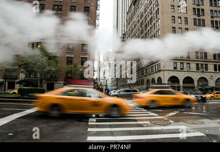 Taxis Rollen durch einen Zebrastreifen an der Ecke Park Avenue und East 57th Street in New York City an einem regnerischen Morgen als Dampf aus einem bläst Entlüftung durch. Stockfoto