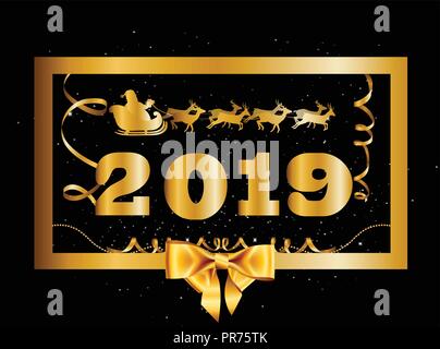 Vector 2019 Frohes Neues Jahr und Weihnachten Hintergrund mit goldenen Geschenk Bug und Santa flying auf deer sleigh dekoriert mit Lametta und Konfetti innerhalb von Stock Vektor