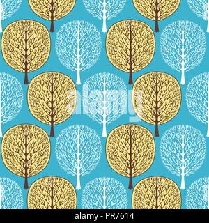 Abstrakte Bäume nahtlose Muster, Vector Illustration, stilisierte Herbst Wald, vintage Zeichnung. Reich verzierte braune und weiße Baumstämme mit Niederlassungen und Ihr Stock Vektor