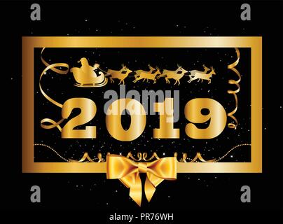 Vector 2019 Frohes Neues Jahr und Weihnachten Hintergrund mit goldenen Geschenk Bug und Santa flying auf deer sleigh dekoriert mit Lametta und Konfetti innerhalb von Stock Vektor