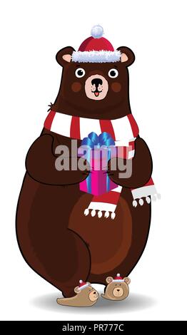 Vector Illustration cute Cartoon bear Charakter in rote Weihnachtsmütze und Strickschal holding Geschenkbox auf weißem Hintergrund. Clip Art für Gree Stock Vektor