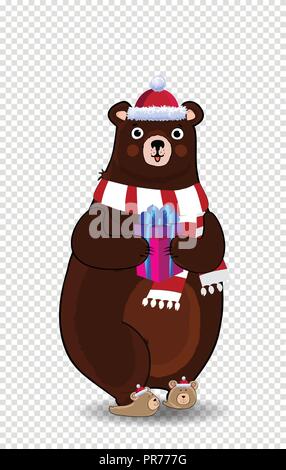 Vector Illustration cute Cartoon bear Charakter in rote Weihnachtsmütze und Strickschal holding Geschenkbox auf transparentem Hintergrund. Clip Art für greetin Stock Vektor
