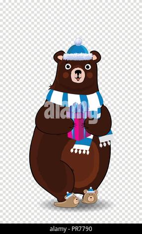 Vector Illustration cute Cartoon bear Zeichen in blau Weihnachtsmütze und Strickschal holding Geschenkbox auf transparentem Hintergrund. Clip Art für greeti Stock Vektor