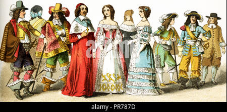 Die Zahlen vertreten sind hier alle Franzosen leben im 17. Jahrhundert, speziell zwischen 1600 und 1670. Sie sind, von links nach rechts drei Herren des Hofes, Kardinal Mazarin, drei Damen des Gerichtshofes; Herr des Gerichts; Soldat; Bauern. Die Abbildung stammt aus dem Jahre 1882. Stockfoto
