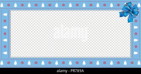 Süße Weihnachten oder Neujahr Rectangle Banner, Rand, Rahmen mit Glocken und Schneeflocken Muster und festliche Blue Ribbon auf transparentem Hintergrund. Vektor Stock Vektor