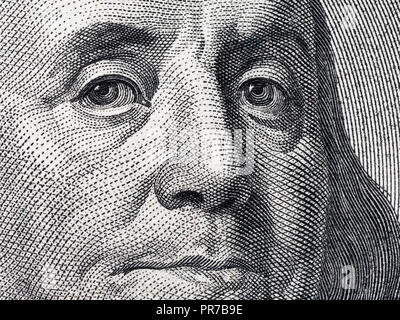 Closeup Portrait Benjamin Franklin auf 100 US-Dollar Bill Stockfoto