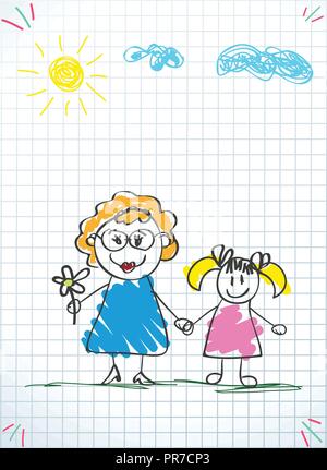 Kinder bunte Bleistift Zeichnungen. Vector Abbildung: grandmom und Enkelin, Hände auf Squared notebook Blatt hintergrund. Kinder doodle d Stock Vektor