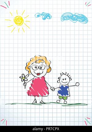 Kinder Zeichnungen der glücklichen Familie. Buntstift Hand gezeichnet vector Abbildung: Frau und junge Hände halten zusammen auf Squared notebook Blatt backgro Stock Vektor