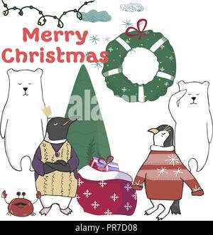 Lustige und niedliche Pinguine Weihnachtsbaum. Frohe Weihnachten und guten Rutsch ins neue Jahr. Weihnachtskarte im Comic-stil. Vector Illustration. Stock Vektor