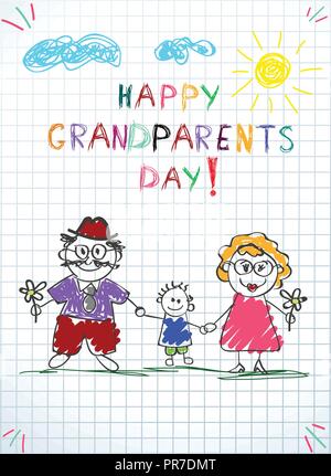 Kinder bunte Hand gezeichnet Vektor Grußkarte mit Opa, Oma und Enkel zusammen. Kinder Inschrift glückliche Großeltern-Tag auf Notebook gri Stock Vektor