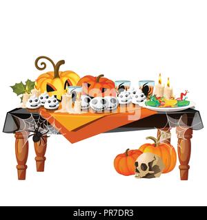 Festliche Tafel mit brennenden Kerzen und Themenbuffets Köstlichkeiten auf weißem Hintergrund. Skizze für ein Plakat oder eine Karte für alle bösen Geister Halloween. Vektor cartoon Close-up Abbildung. Stock Vektor