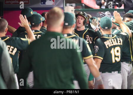 September 28, 2018: Während des Spiels zwischen den Oakland A's und der Präfektur Aichi im Angel Stadium in Anaheim, CA, (Foto von Peter Joneleit, Cal Sport Media) Stockfoto