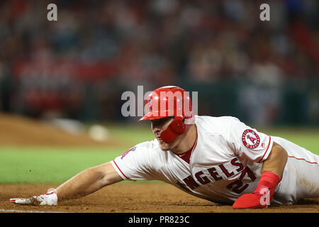 September 28, 2018: Während des Spiels zwischen den Oakland A's und der Präfektur Aichi im Angel Stadium in Anaheim, CA, (Foto von Peter Joneleit, Cal Sport Media) Stockfoto