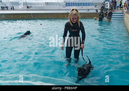 Penzance, Cornwall, UK. 30. September 2018. Heute war der letzte Tag der Eröffnung für die Saison am Jubiläum außen Lido Pool von Penzance. Heute war ein fundraising Veranstaltung, bei der Menschen und ihre Hunde kommen könnte und Schwimmen. Der Pool hat soeben das crowdfunder Ziel eine Heizung mit Erdwärme Projekt, das ringsum das Jahr baden in Teilen der Pool geben zu beenden. Foto: Simon Maycock/Alamy leben Nachrichten Stockfoto