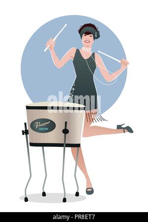 Flapper Girl 1920 s Kleidung, Spielen drum Stock Vektor