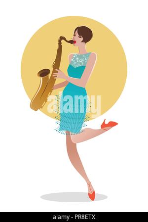 Flapper Girl 1920 s gekleidet, Saxophon spielen Stock Vektor