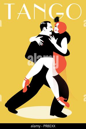 Paar leidenschaftlich Tango tanzen: schöner Mann und schöne Frau Tango tanzen auf Ballsaal. Stock Vektor