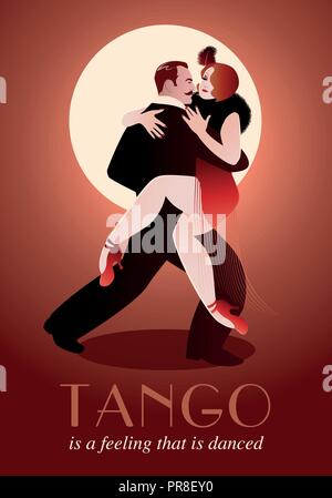 Paar leidenschaftlich Tango tanzen: schöner Mann und schöne Frau Tango tanzen auf Ballsaal. Stock Vektor