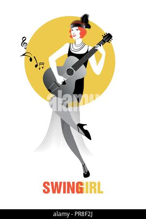 Flapper Girl 1920 s gekleidet, Gitarre spielen Stock Vektor
