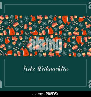 Vektor Weihnachtskarte mit niedlichen Füchse auf hellen Hintergrund. Text in Deutsch Frohe Weihnachtenm auf Englisch frohe Weihnachten. Stock Vektor