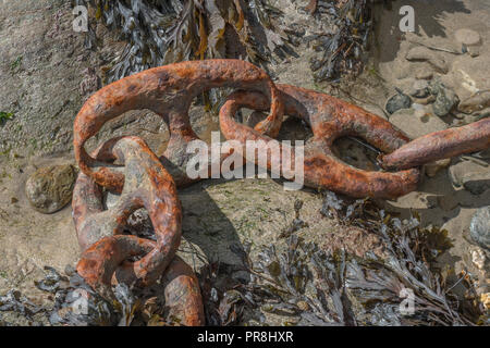 Hafen Szenen rund um Newquay, Cornwall. Sehr große rosten Liegeplatz Kettenglieder. Metapher starke Verbindungen, stärkste Glied, Schmiede links, enge Beziehungen. Stockfoto