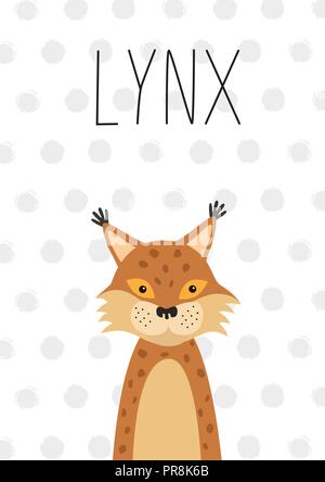 Cute animals lynx. Illustrations bobcat for children. Baby Shower card. Cartoon character Stock Vektor