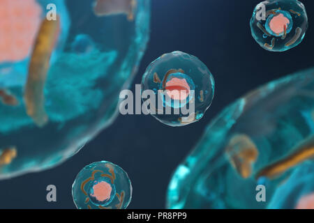 3D-Illustration Zelle eines lebenden Organismus, wissenschaftliches Konzept. Abbildung auf einem blauen Hintergrund. Die Struktur der Zelle auf molekularer Ebene, un Stockfoto