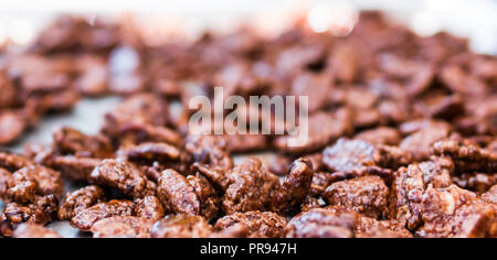 In der Nähe von frischem Zucker Zimt glasiert gebratene Pekannüsse auf ein Metall Cookie Blatt. Stockfoto