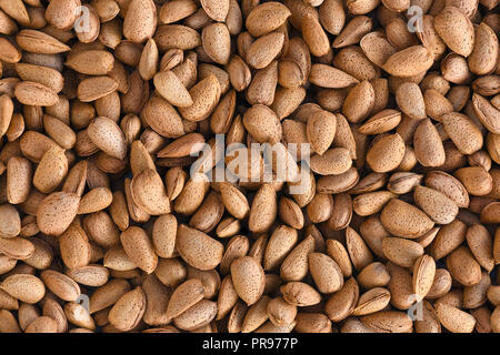 Mandeln ohne Schale full frame overhead Bild bunte strukturierten Hintergrund, kopieren Sie Raum, Text Overlay Stockfoto
