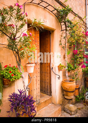 Ein typisch mediterranes Haus mit einer vorderen Tür Dekoration von Blumentöpfen mit bunten Pflanzen Stockfoto