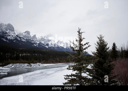 Einem nebligen Tag am Bow River in den Rocky Mountains. Stockfoto