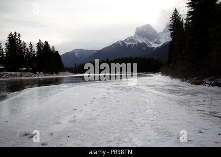 Einem nebligen Tag am Bow River in den Rocky Mountains. Stockfoto