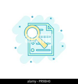 Cartoon farbiges Dokument Symbol im Comic-stil. Dokument Dateien zoom Zeichen Abbildung Piktogramm. Mit Checkliste splash Geschäftskonzept Lupe. Stock Vektor