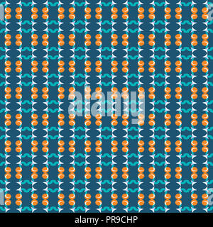 Nahtlose Muster von Sternen und geometrischen Formen in Weiß, Orange und dark Teal Green Farben auf grünlich-blau gefärbten Hintergrund. Stockfoto