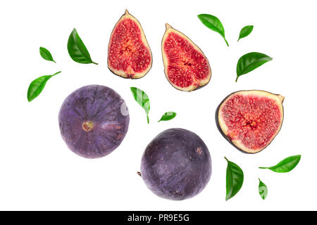 Abb. Früchte mit Blättern auf weißem Hintergrund. Ansicht von oben. Flach Muster Stockfoto