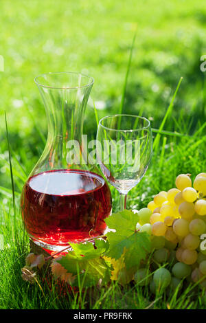 Rose Wein in der Karaffe und Gläser und Trauben. Outdoor im Weinberg. Mit Platz für Ihren Text Stockfoto