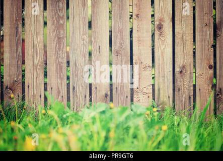 Holzzaun mit grünen Rasen Hintergrund. Zaun im Fokus Stockfoto