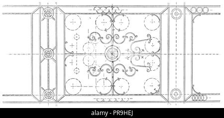 19 Abbildung: ein Design von der Erhöhung von einem schmiedeeisernen Geländer mit Linien. In "Die praktische Zeitschrift, eine Illustrierte Cyclo veröffentlicht. Stockfoto