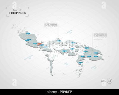 Isometrische 3D-Philippinen Karte. Stilisierte Vektorkarte Abbildung mit Städten, Ländergrenzen, Kapital, administrative divisions und Zeiger markiert; Gradient ba Stock Vektor