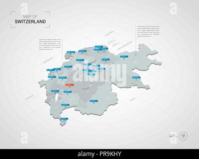 Isometrische 3D-Schweiz Karte. Stilisierte Vektorkarte Abbildung mit Städten, Ländergrenzen, Kapital, administrative divisions und Zeiger markiert; Gradient ba Stock Vektor