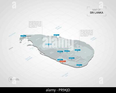 Isometrische 3D-Sri Lanka Karte. Stilisierte Vektorkarte Abbildung mit Städten, Ländergrenzen, Kapital, administrative divisions und Zeiger markiert; Steigung zurück Stock Vektor