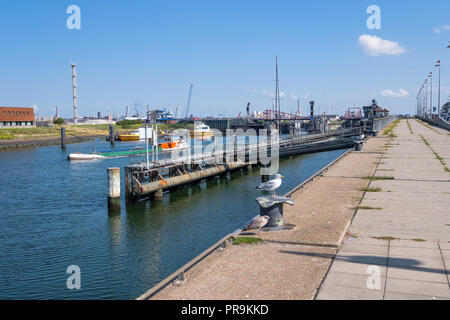 2 Pilot Boote Warten auf eine ankommende Schiff vom Meer und ein Binnenschiff ist Segeln vom Meer Sperren von IJmuiden, Niederlande. Stockfoto