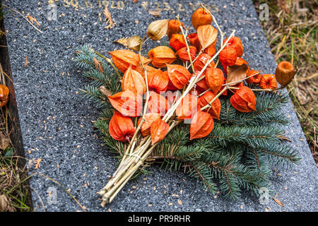 Trockene Blumen, chinesische Laterne Physalis Blumenschmuck von Gräbern an Allerheiligen, Tschechien Stockfoto