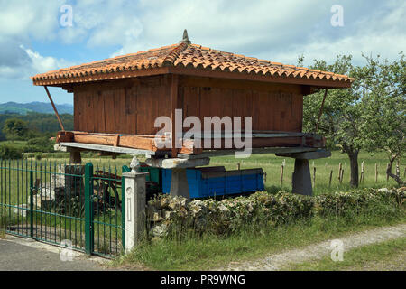 Asturische hórreo mit Maiskolben in Lastres, erklärte schönste Dorf in Spanien, Asturien Stockfoto